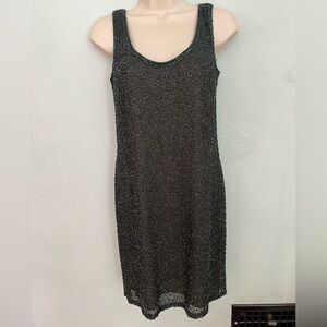 Vintage 80’s Silk Allover BEADED DRESS Shimmer Low Back Sleeveless Black Green 4